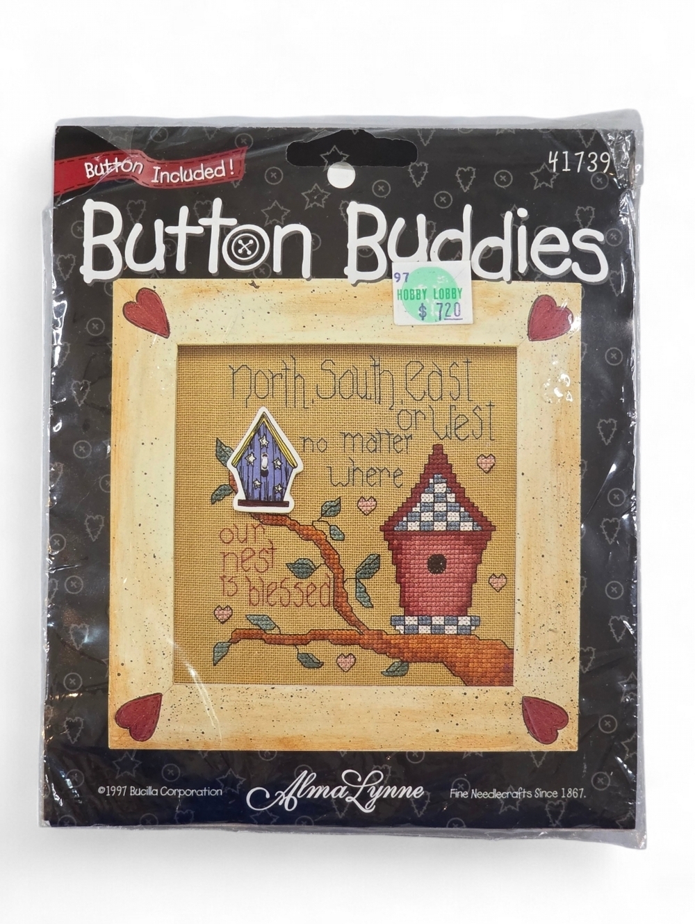 Vintage Bucilla Button Buddies Cross Stitch Kit 1997 Birdhouse DIY Cottagecore
